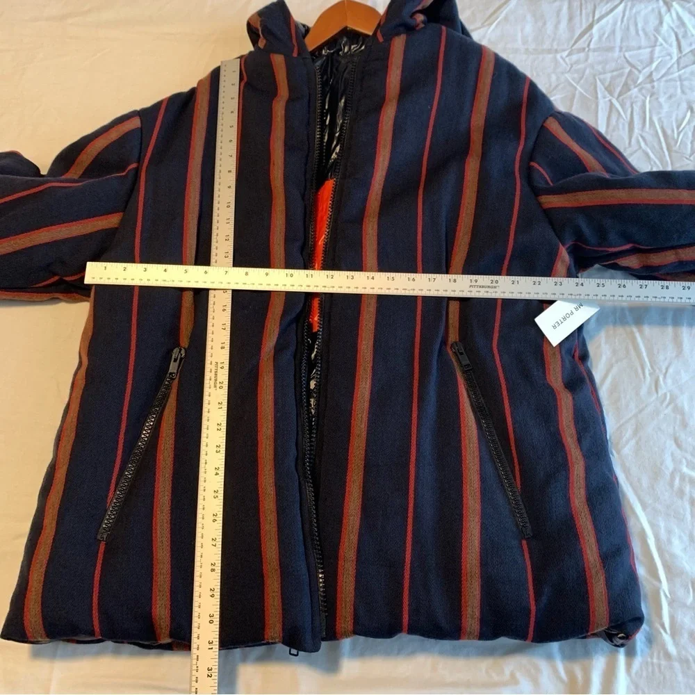 DRIES VAN NOTEN Down Reversible Puffer Jacket XL Cotton Linen Navy Stripes NWT